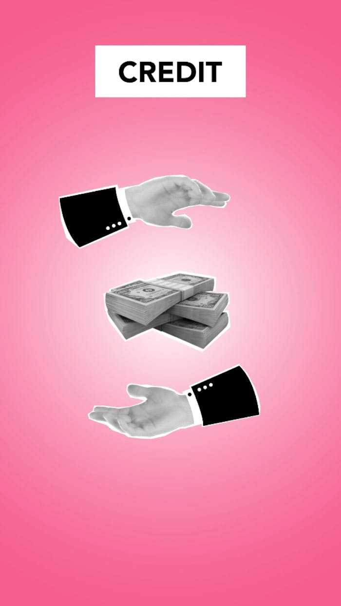 Monochrome hands exchanging dollar bills over a pink background with 'CREDIT' text.