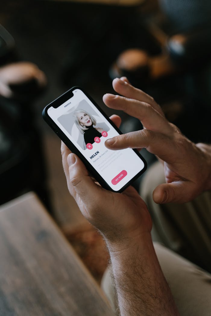 Close-up of hands using a dating app on a smartphone indoors. Modern technology and online dating.